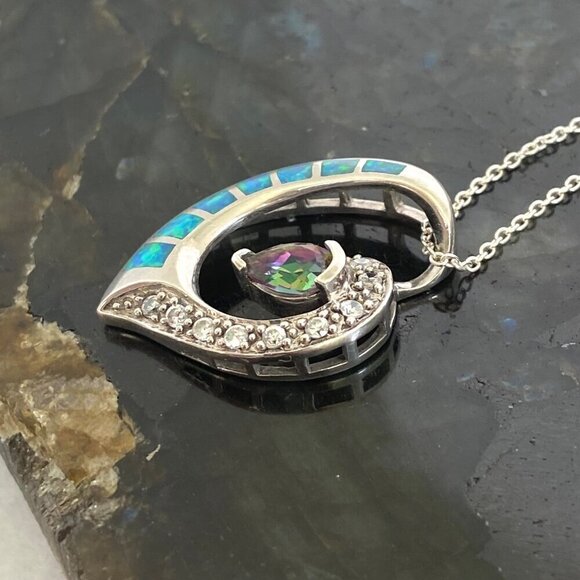 Sterling Silver 925 5☆ Mystic Quartz & Blue Gilson Opal Pendant Necklace 18" - Picture 4 of 16